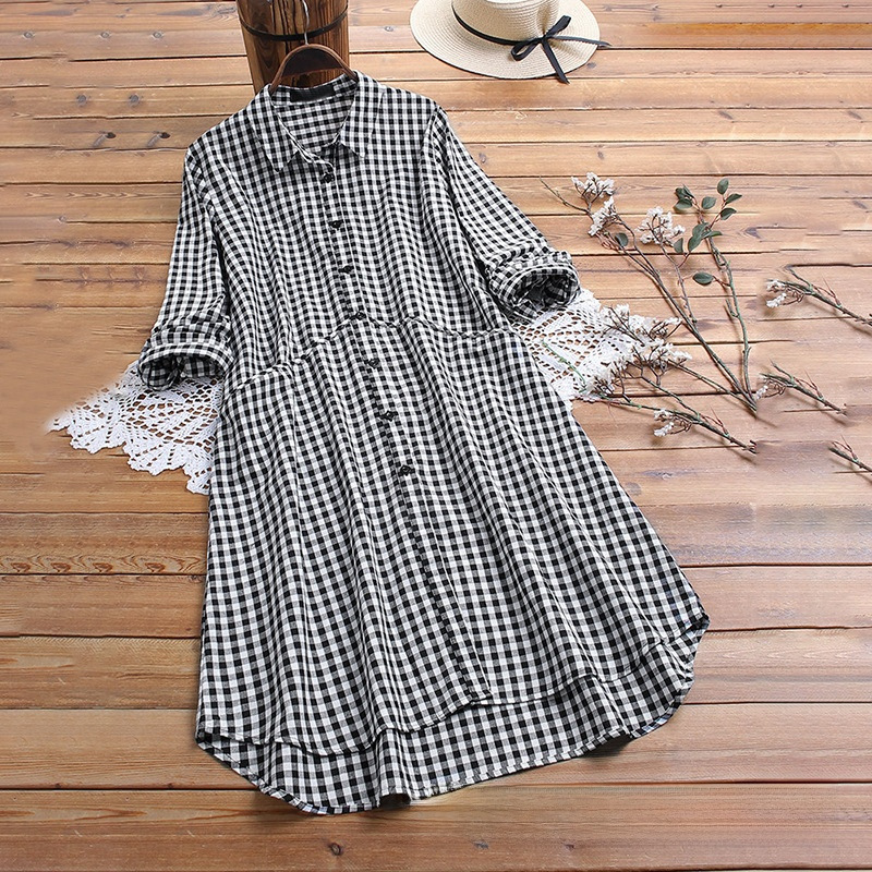 Women's Cotton-Linen Long Cardigan Shirt, Single-Breasted, Plaid