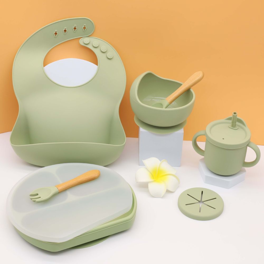 Silicone dinner plate baby bib baby bowl tableware set placemat spoon fork anti-drop snack cup set cross-border ready stock
