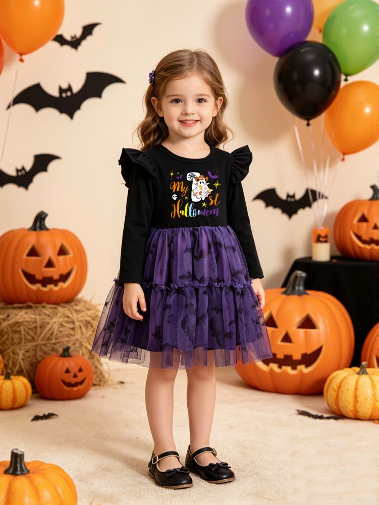 Halloween Girls Dress with Flying Sleeves, Black and Purple Knit Ghost Bat Print