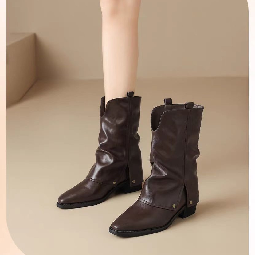 Square-Toe Inner Heel Short Boots, Retro Chunky Heel Trouser Boots for Women