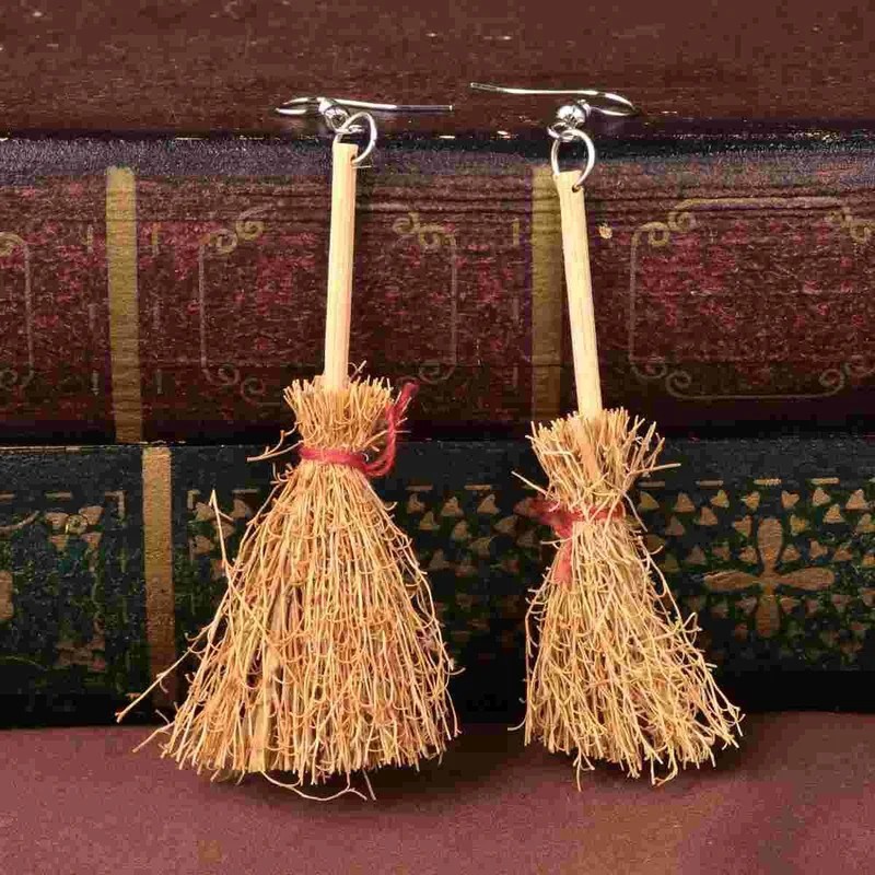 Halloween Broom Pendant Earrings, Ear Clips, Witch Design
