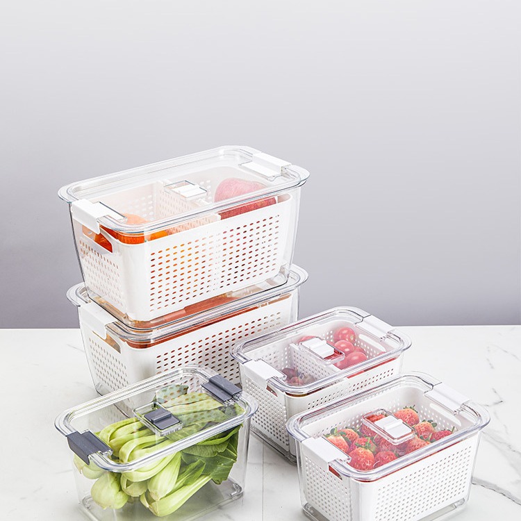 Kitchen refrigerator storage container with dividers and drain