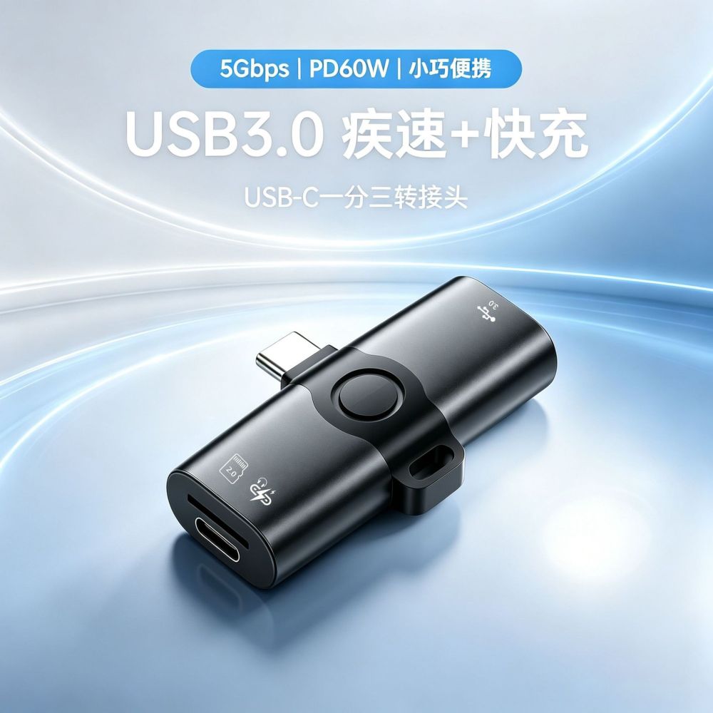 Type-C Üç İn Bir USB3.0 Adaptörü Kulaklık Dinlemesi PD 60W Hızlı Şarj Ve Kullanım Sırasında Şarj TF Kart Okuyucu