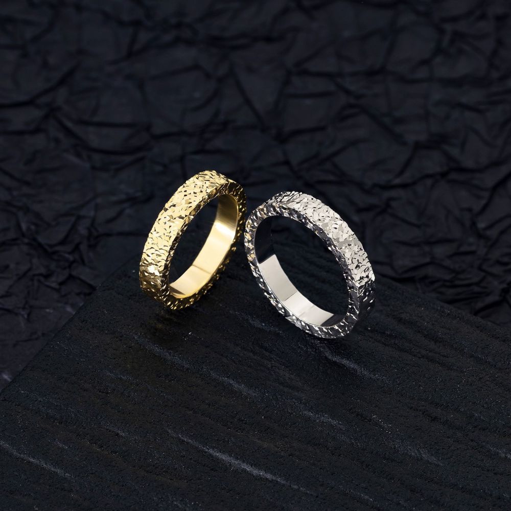 Cracked ice pattern double ring gold plated laser cut - 1