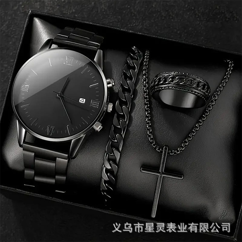 Men's quartz watch with calendar, stainless steel band