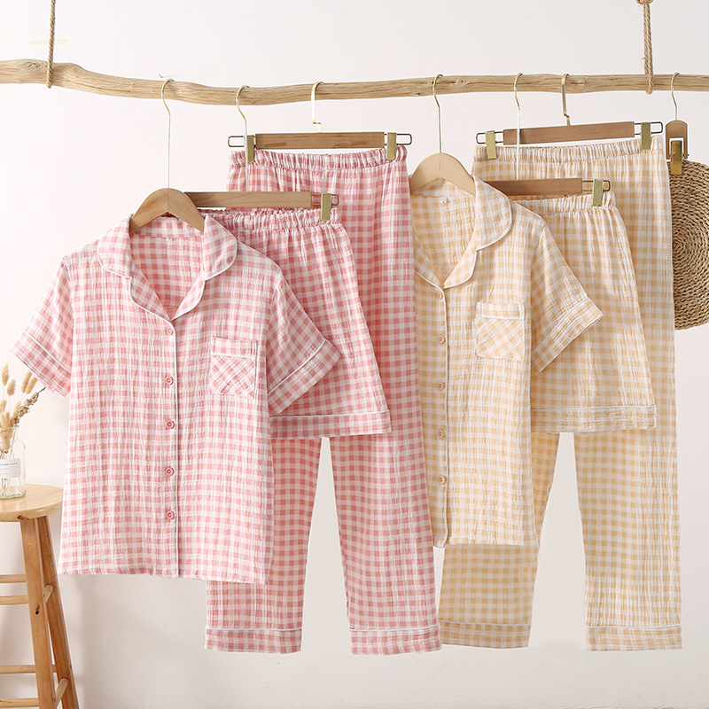 Double-Layer Pure Cotton Gauze Summer Women's Short-Sleeve Pajamas Japanese Style Simple Plaid Thin Three-Piece Home Wear Set