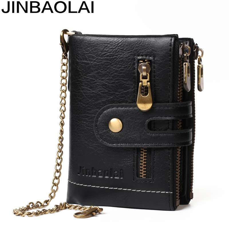 JINBAOLAI Herren-Geldbörse im Retro-Stil mit Kette, Doppelreißverschluss und Münzfach