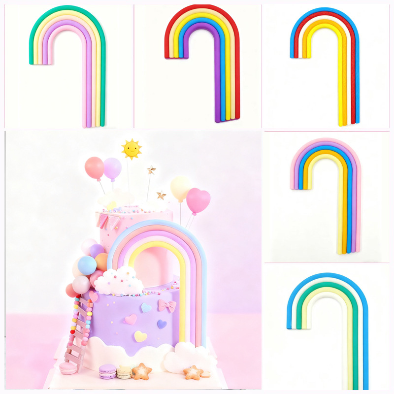 Arch Cake Decoration with Rainbow Soft Rubber Figurine, Red Pink Forest Theme
