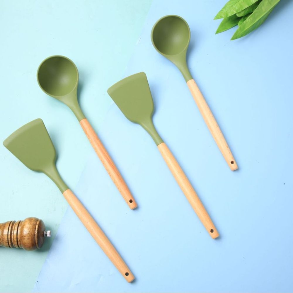 Yeni silikon mutfak gereçleri ahşap saplı çift set yüksek sıcaklığa dayanıklı gıda sınıfı yapışmaz spatula kaşık mutfak eşyaları seti