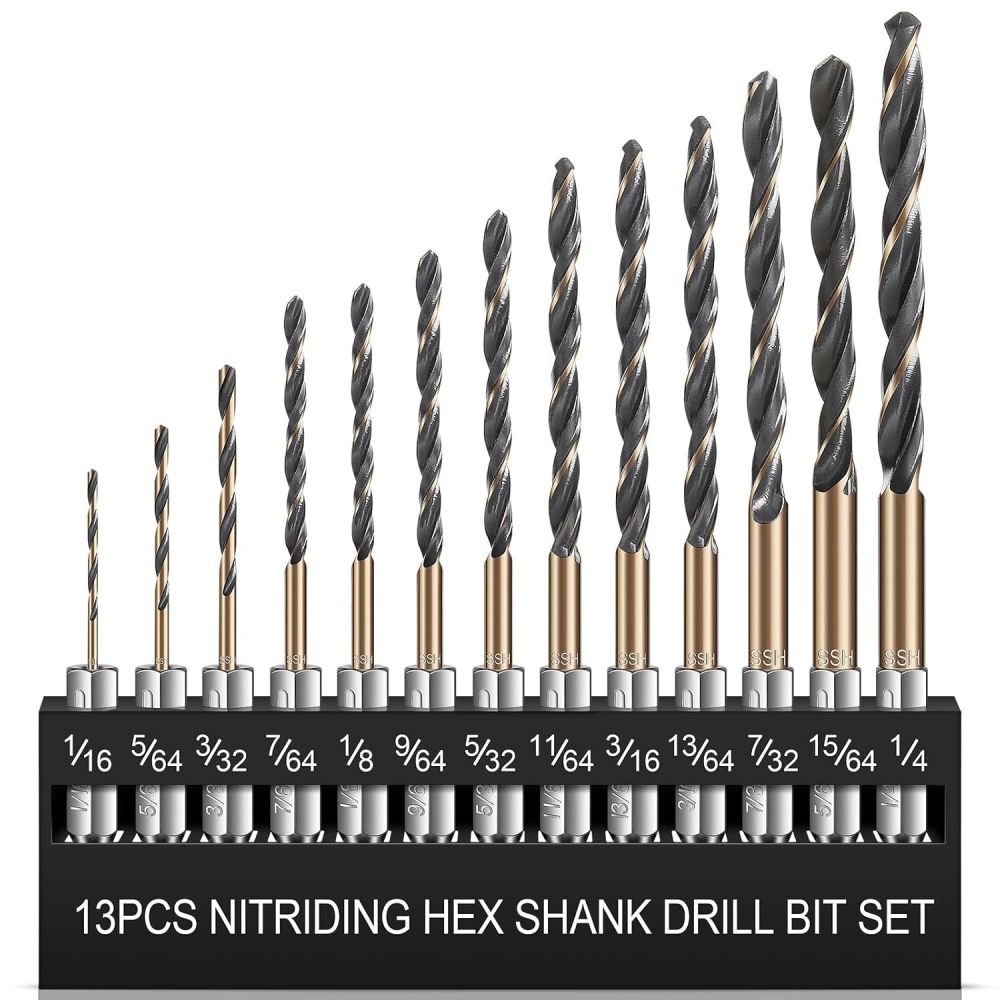 13-Piece Titanium-Coated Twist Drill Bit Set, 1.5-6.5 mm, Hex Shank