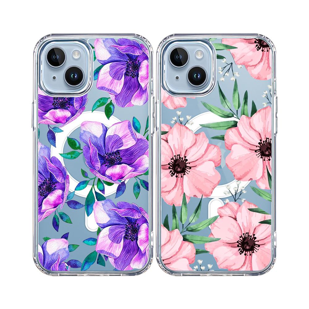 Apple iPhone 16E magnetic case, purple flower pattern TPU+PC