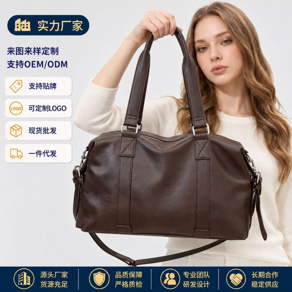Cross-Border Large Capacity Vintage Soft Leather Boston Handbag Travel Shoulder Crossbody Bag Fashion Commute Single Shoulder Bag