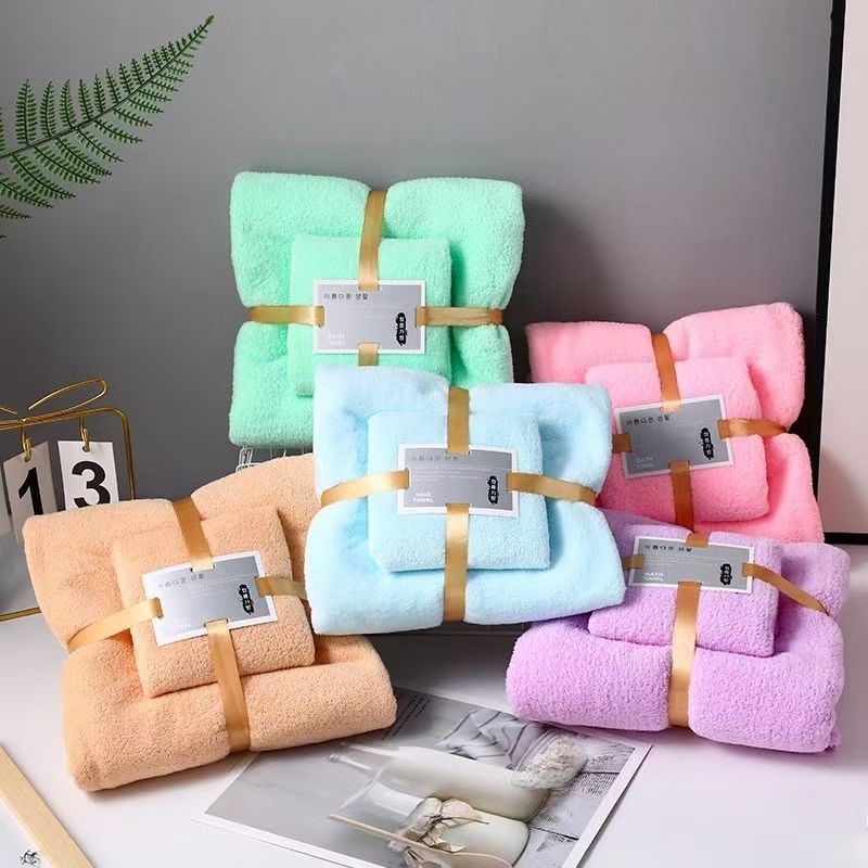 Mercan kadife banyo havlı seti, 2 parça, emici ve yumuşak - 1