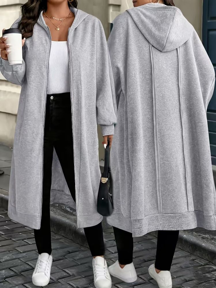 Auf Lager, Herbst/Winter 2026 Neuheit, europäische und amerikanische Amazon-Tmu Damen-Übergröße, lange Hoodie-Sweatjacke, lässige Kapuzenjacke