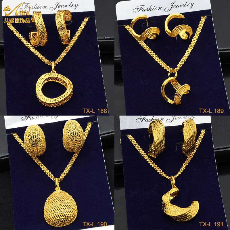 24K altın kaplı bakır takı seti kolye küpe geometrik - 1
