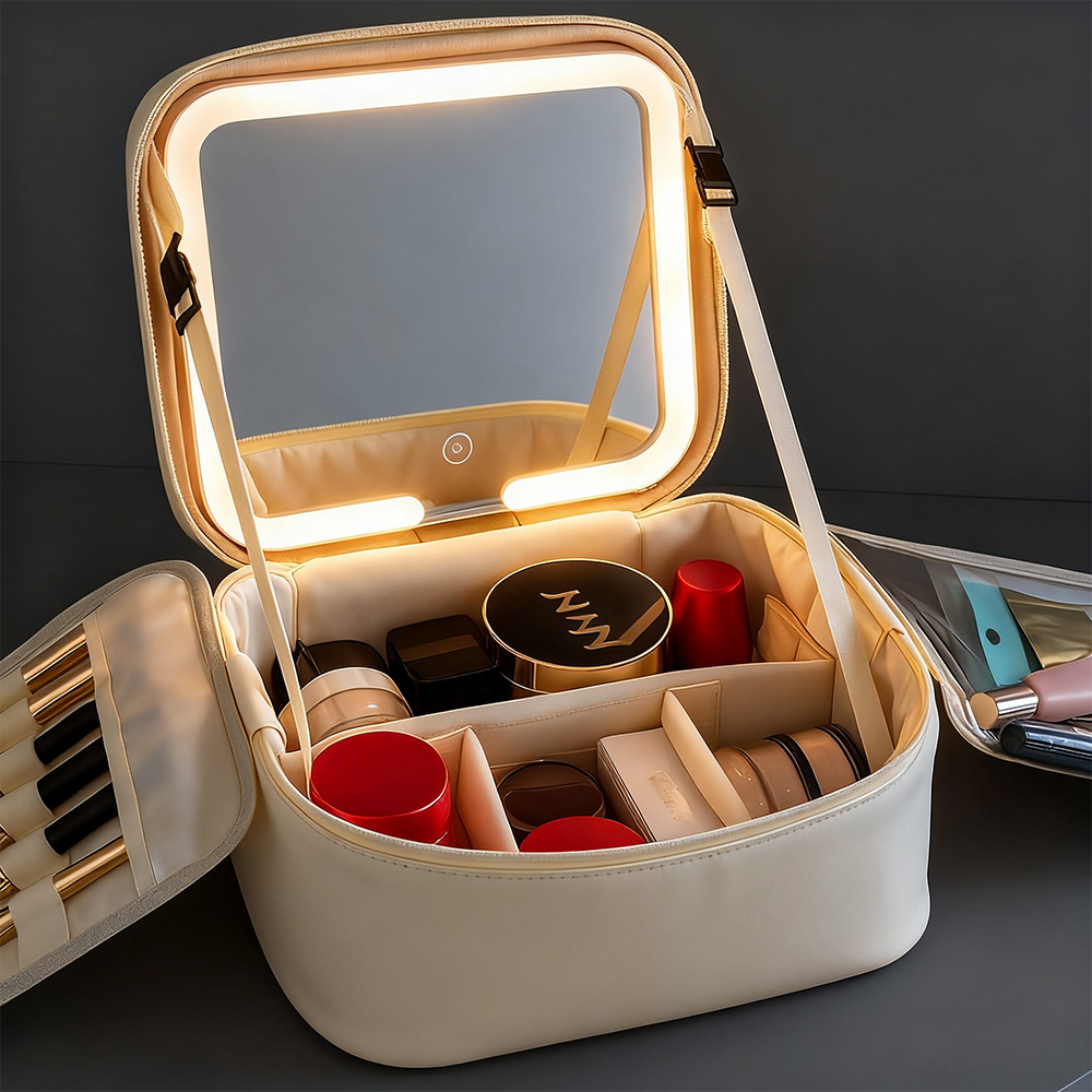 Makeup bag with mirror and LED light, portable organizer