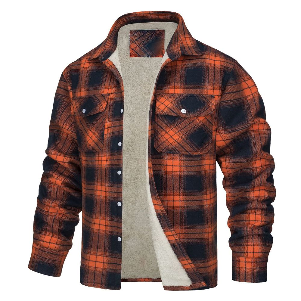 Herren-Jacke mit Fleecefutter, Modell 2023, Amazon-Neuheit, langärmlig, Umlegekragen, Einreiher, Karomuster, lockere Passform, Herrenmantel