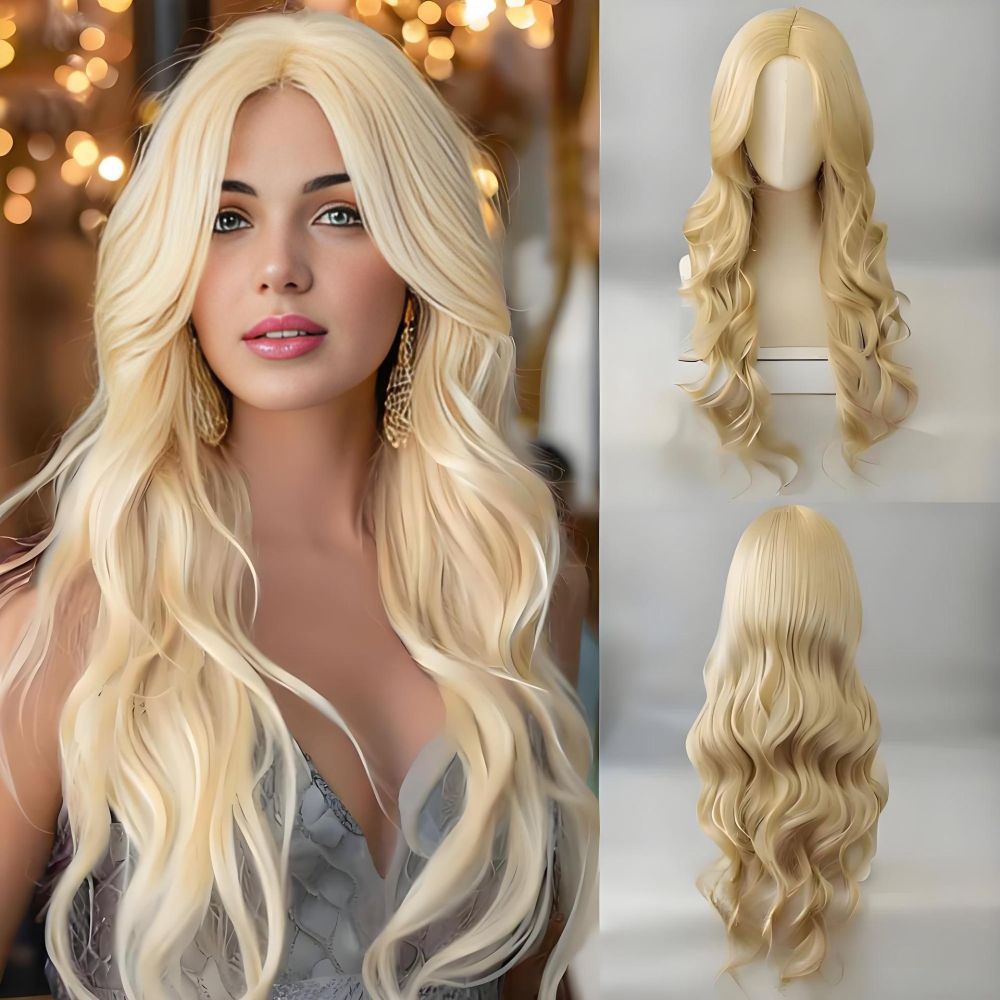 Light Blonde Long Wavy Synthetic Wig with Center Part Bangs