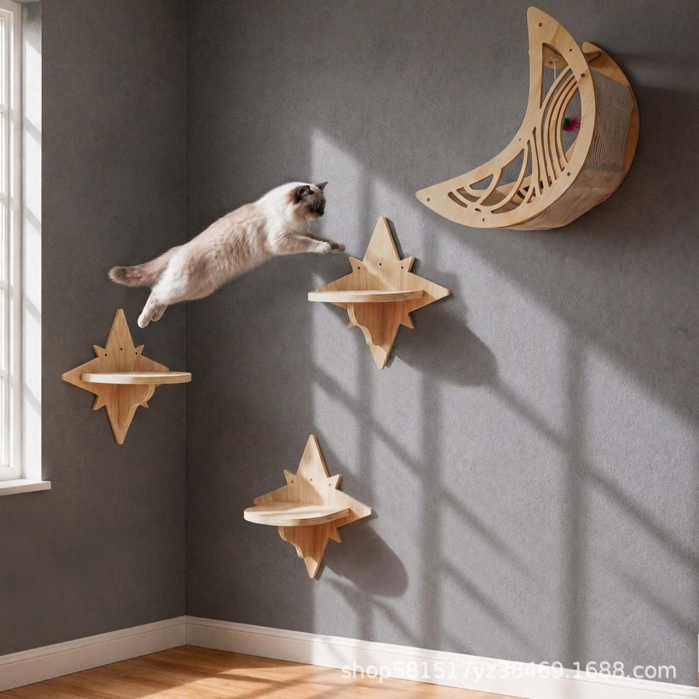 Wooden Cat Wall Shelf with Star and Moon Hammock Climbing Set
