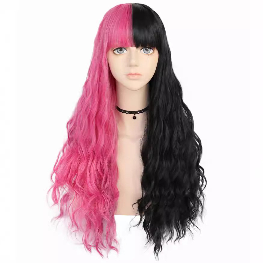 Cosplay-Anime-Perücke, Schwarz-Pink zweifarbig, langes lockiges Haar