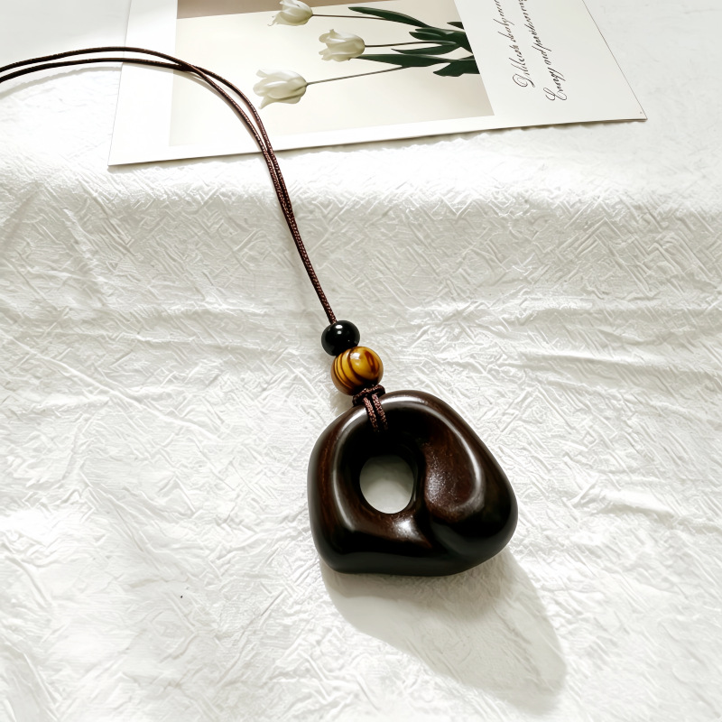 Vintage brown pendant necklace, long sweater chain women's - 1