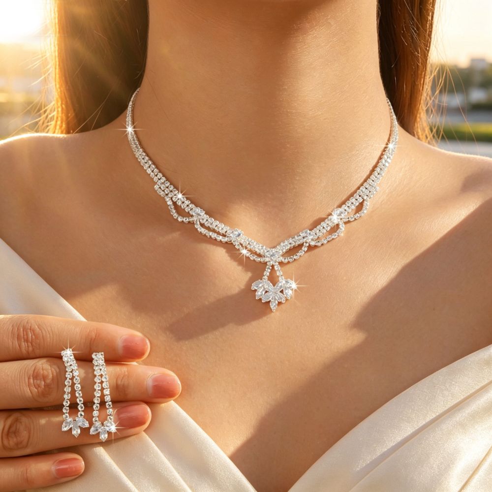 Bridal Jewelry Set with Necklace, Earrings and Bracelet, Zircon