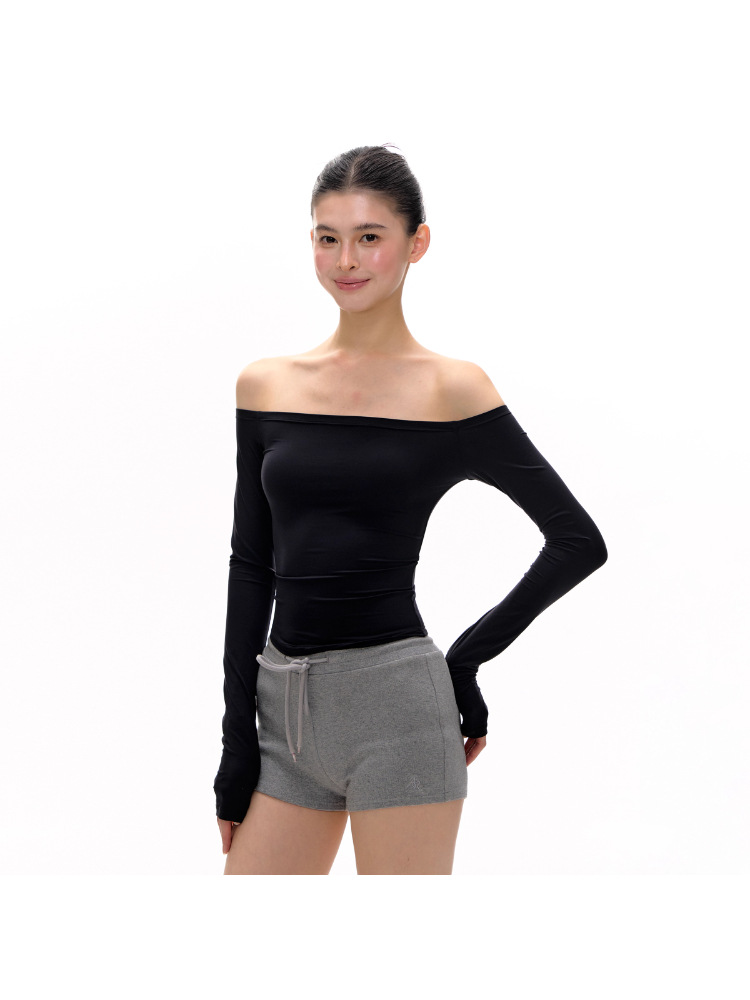 Skims-Style Women's Long Sleeve T-Shirt, One-Shoulder Off-Shoulder, Double-Layer, Autumn 2