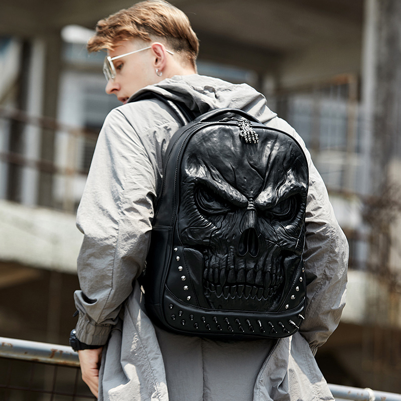 Neuer kreativer weicher Leder-Rucksack, PU-Leder-Rucksack mit Totenkopfmotiv, modischer Stereo-Rucksack für Männer und Frauen