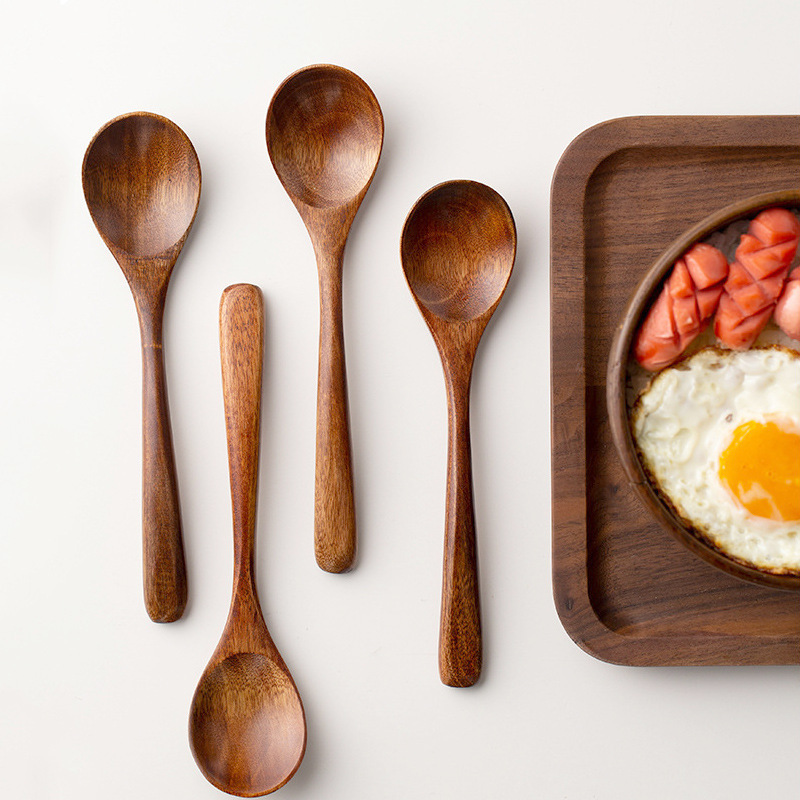 Japanese-Style Nanmu Wood Long-Handle Spoon for Rice and Dessert