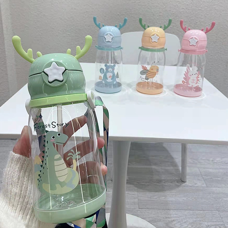 Kindertasse Exclusive großes Fassungsvermögen Hirschgeweih-Wasserflasche leichte Luxus Premium Studentensportbecher tragbar mit Strohhalm Kunststoffbecher - 1