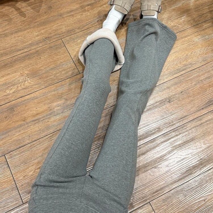 Hellgraue Damen-Yoga-Schlaghose, Fleece, tiefes Taillenband, Slim Fit