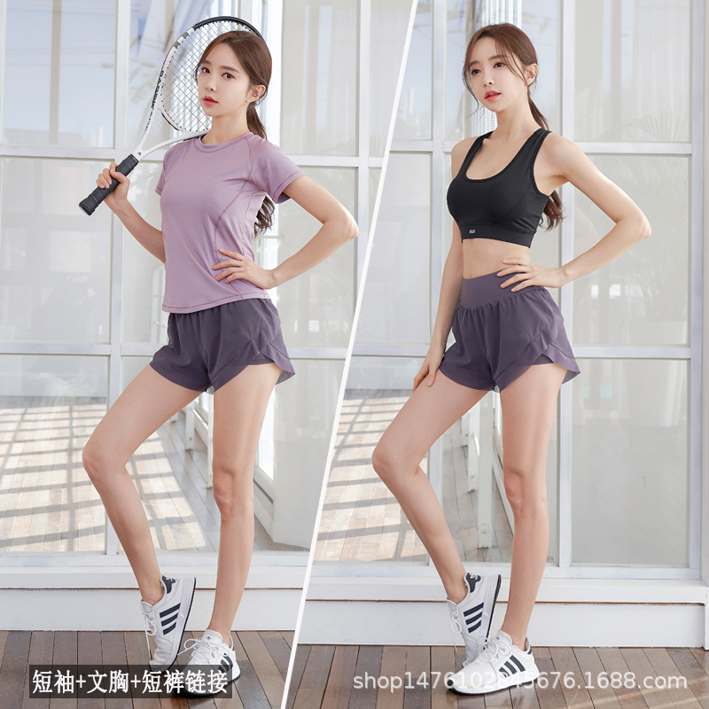 瑜伽服运动女短袖短裤三件套装速干透气跑步衣时尚显瘦夏季健身服