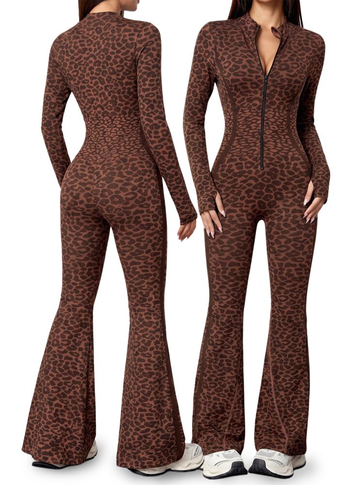 Grenzüberschreitendes Amazon-Bestseller Damen-Yogaoverall für Sport, langarm, figurbetont, mit Reißverschluss und Schlaghose, gemustert