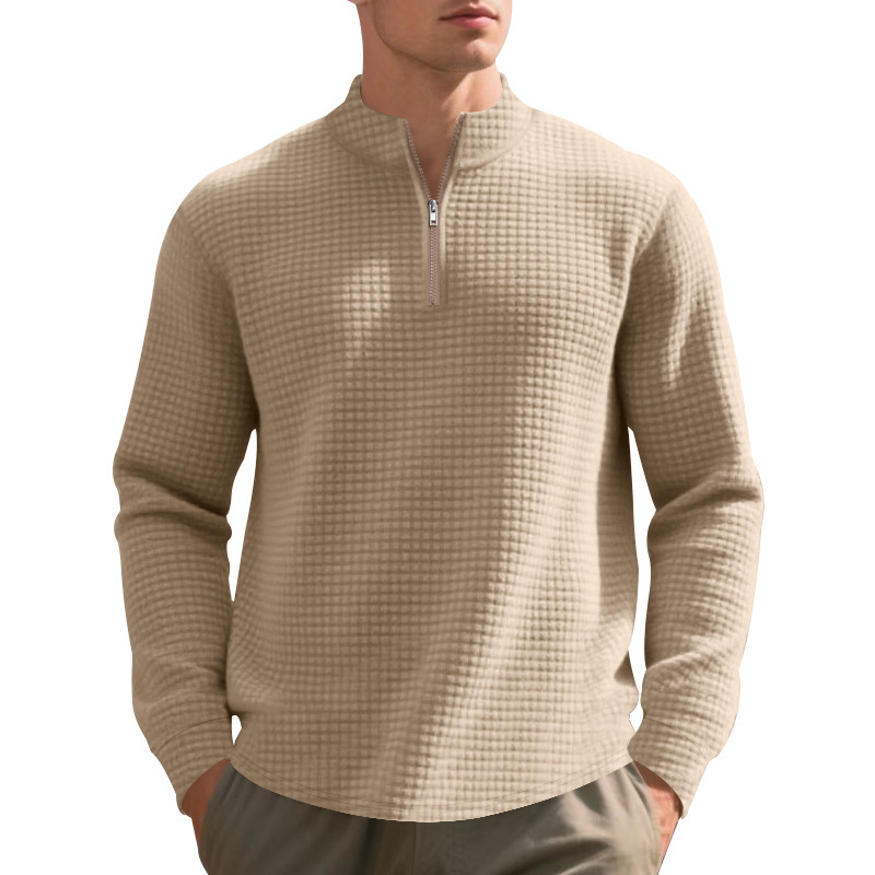 Cross-border independent station autumn and winter American plain everyday men's loose jacquard stand collar half-zip inner shirt sweatshirt for men