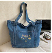 Japanischer Casual-Rucksack mit großem Fassungsvermögen für Damen, trendige Stickerei mit Buchstaben, Jeans-Rucksack für Studenten, großer Fassungsvermögen, Commuter-Tote-Bag - 7