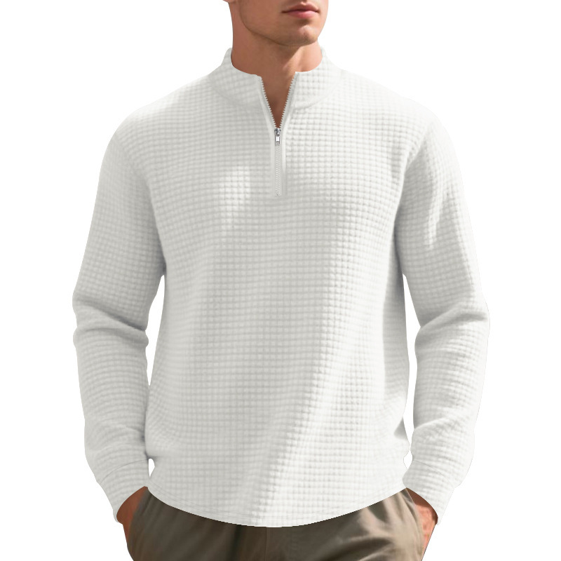 Cross-border independent station autumn and winter American plain everyday men's loose jacquard stand collar half-zip inner shirt sweatshirt for men