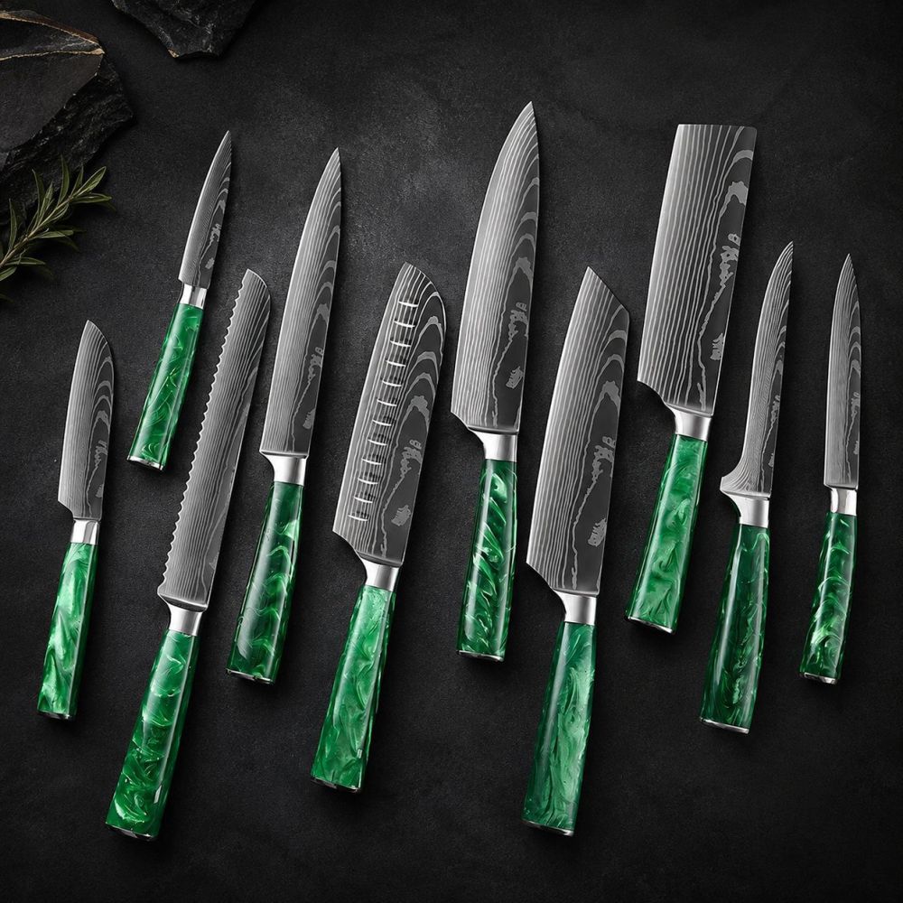 Şam desenli Japon santoku mutfak bıçak seti 3 parça - 1