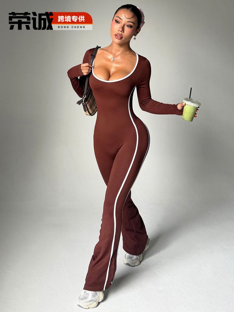 欧美跨境长袖瑜伽连体服女美背撞色运动喇叭裤速干健身长裤瑜伽服 - 1