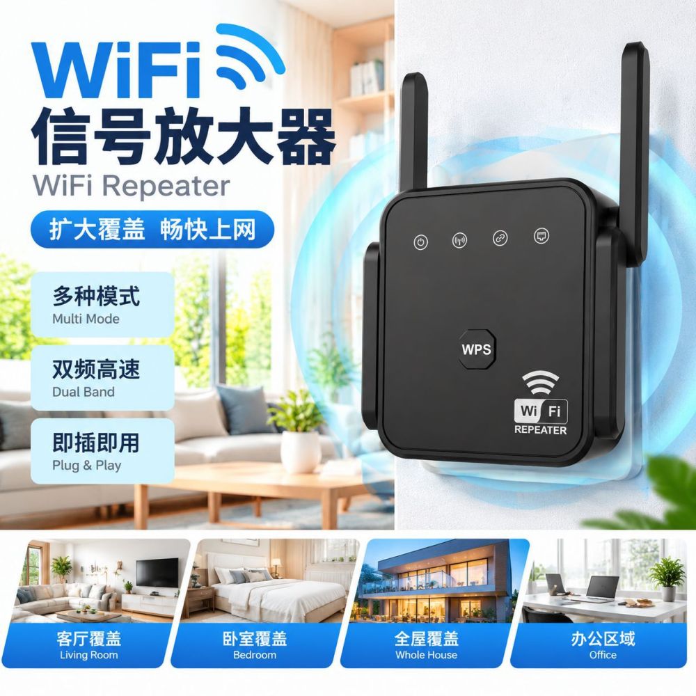 1200M WiFi Signal Amplifier Dual Antenna Wireless Repeater Home Wall-Penetrating Network Extender