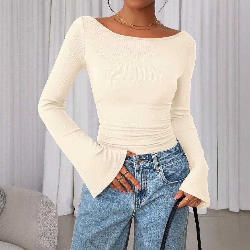 Kadın örme üst, sonbahar çan detaylı uzun kollu, slim fit fırfırlı kazak