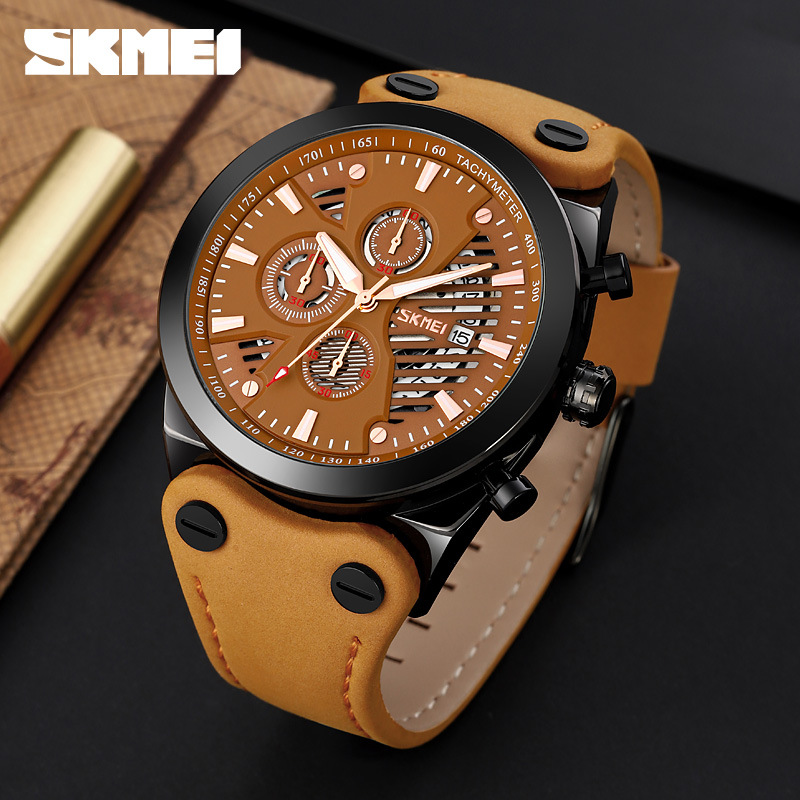Retro style men's quartz watch leather strap with calendar - 1