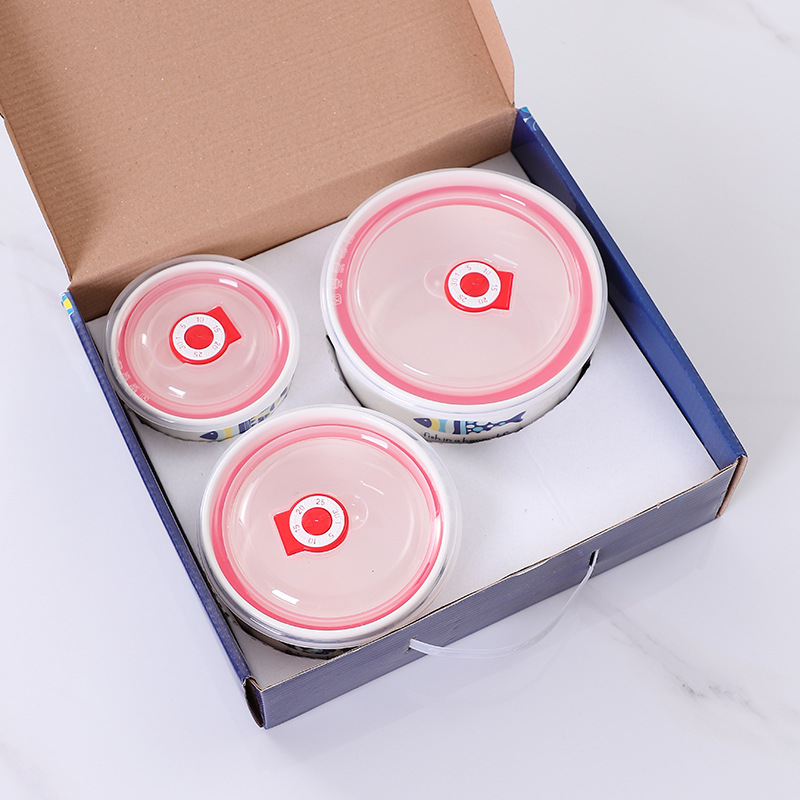Keramik-Frischhalteschüssel dreiteiliges Set, verschlossene Schüssel, Geschenkschalensatz, Geschenkbox, Hochzeitsverkäufe, Großhandel mit LOGO-Druck - 5