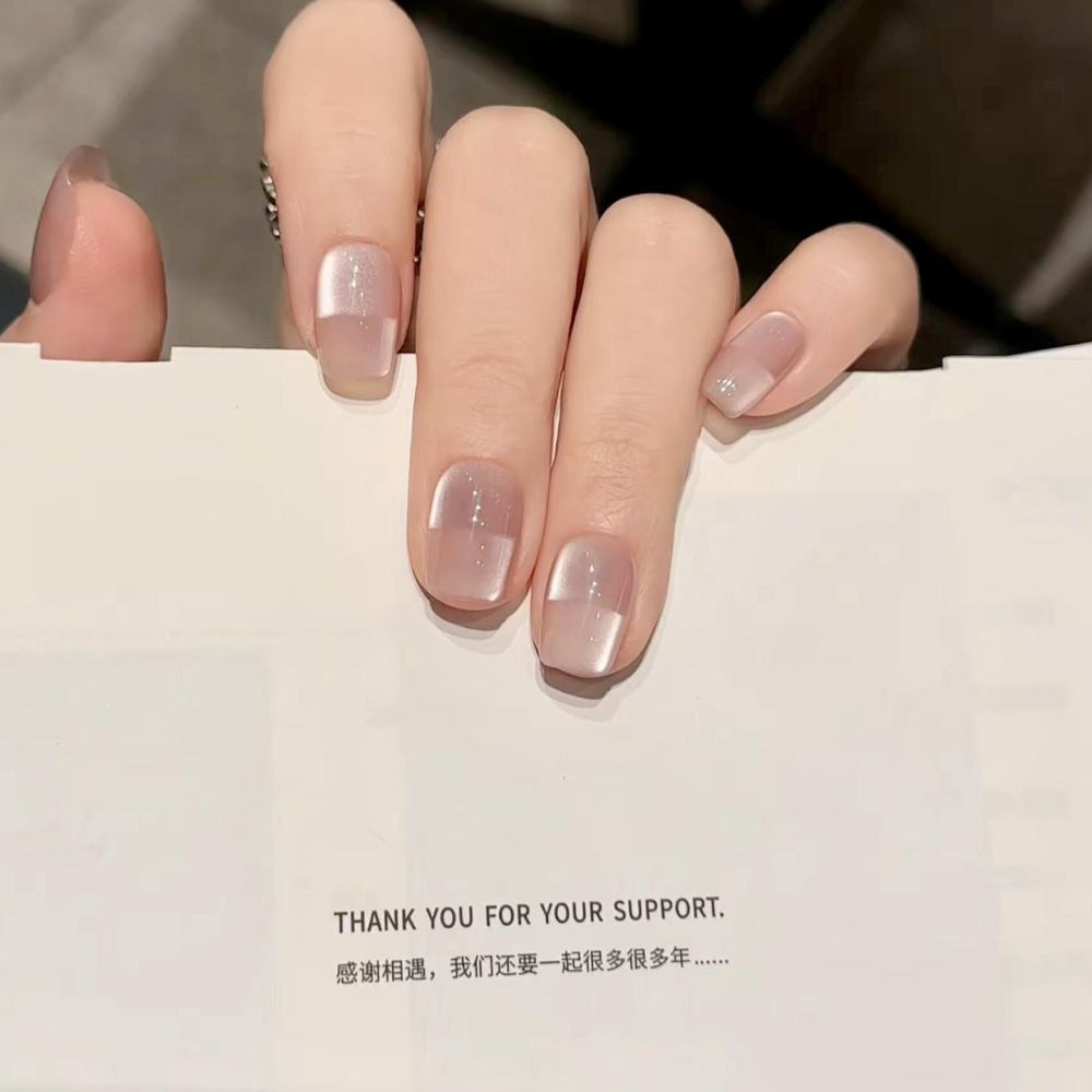 Minimalist Glass Bead Space Cat Eye Handmade Wearable Press-On Nails, Premium Nude, Short - 1