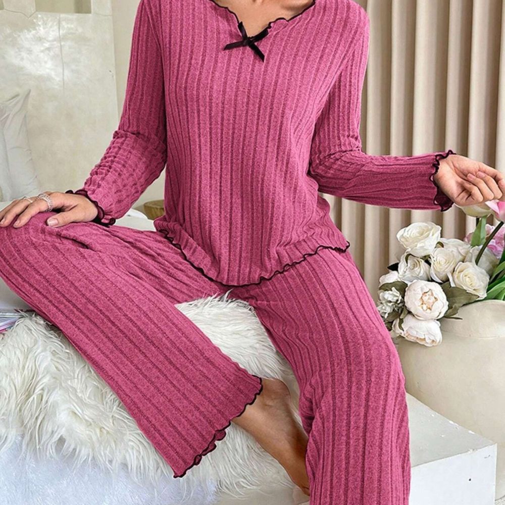 Women's Casual Home Pajama Set with Black Ribbed Edge