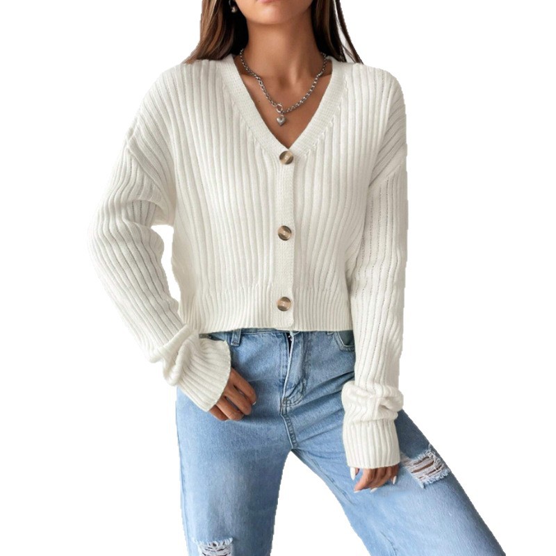 Amazon Grenzüberschreitender V-Ausschnitt Damenpullover, Herbst-Winter, lockerer Langarm-Strickmantel, einfarbig, mit Knopfleiste, lässige Strickjacke