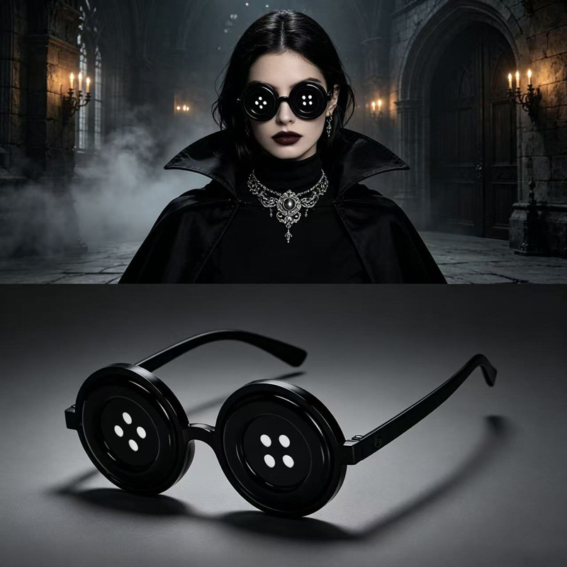 Halloween-Partybrille mit Knopfaugen, schwarzes rundes Gestell