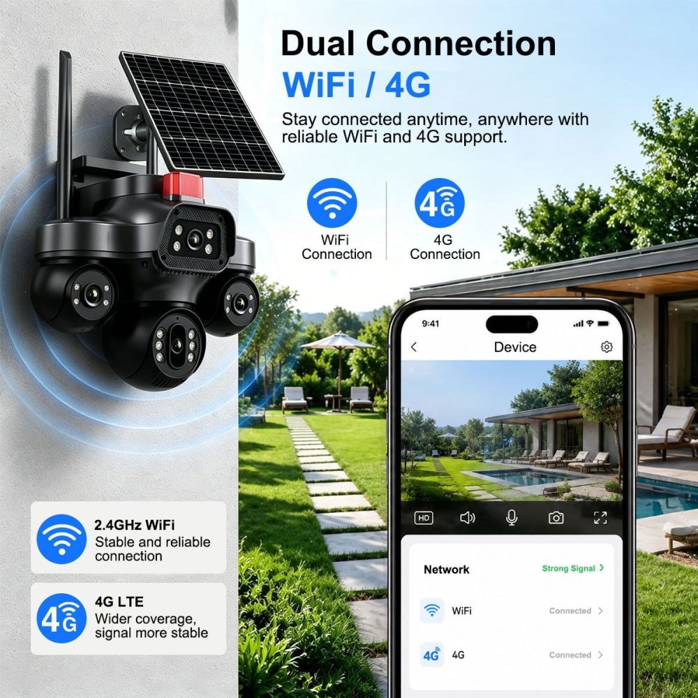 V380 solar-powered surveillance camera, triple lens, night vision