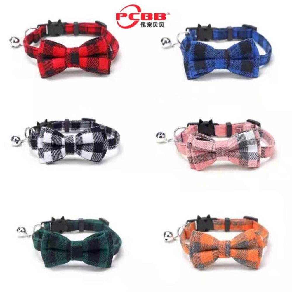 British plaid bow-tie pet collar with bell and patch - 1