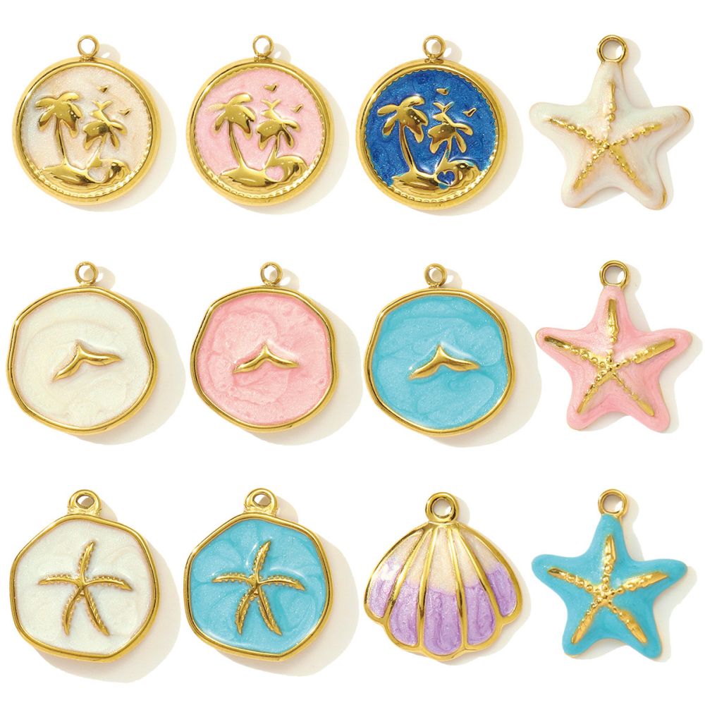 Starfish and Coconut Tree Titanium Steel Drop Earrings and Pendant, DIY Jewelry Accessory