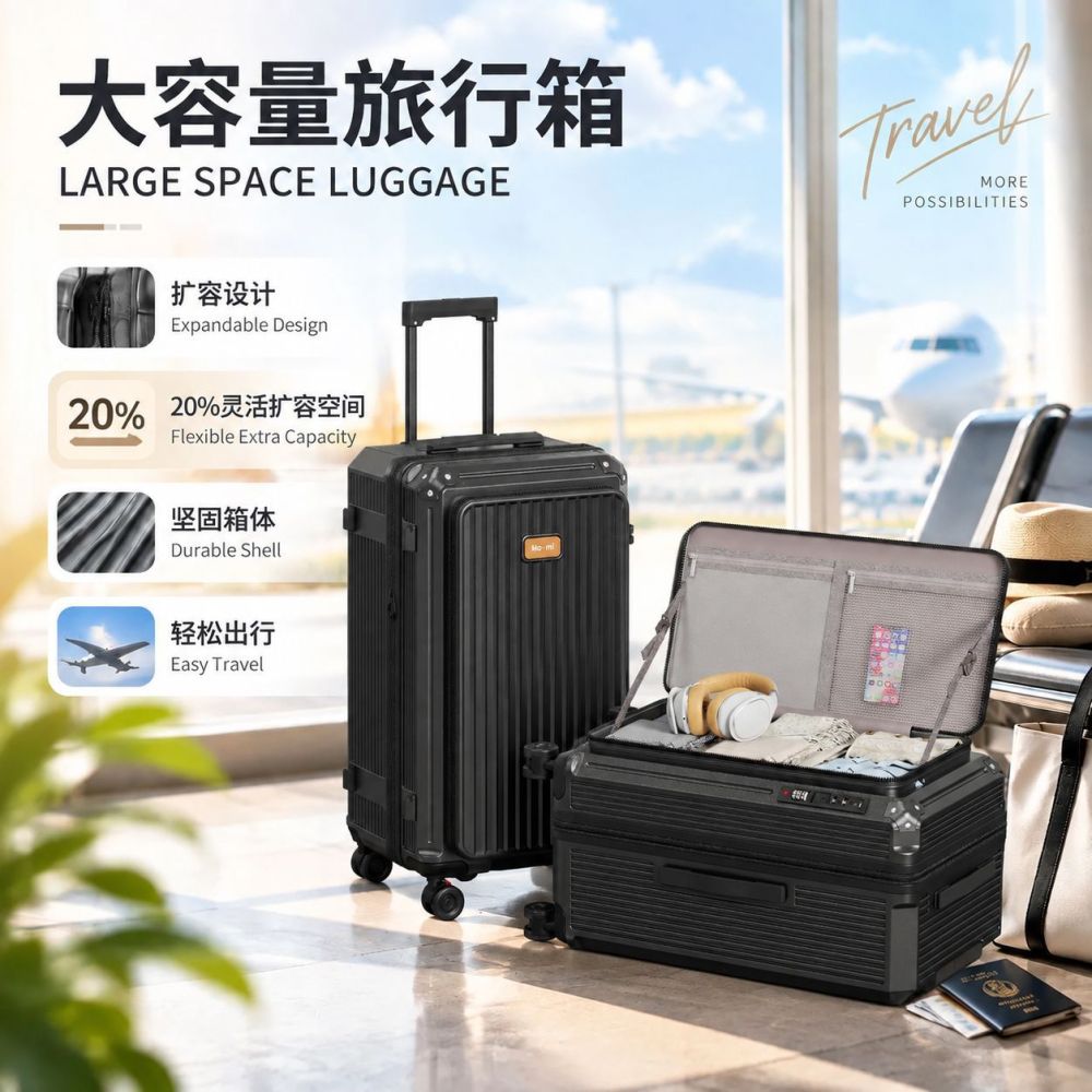 Side-opening luggage 24-28 inch, silent wheels, multifunctional